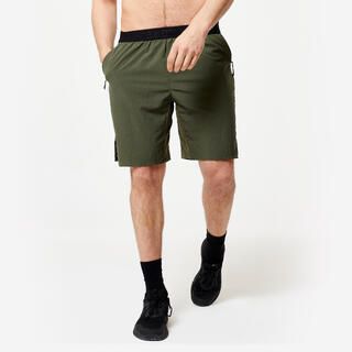 DOMYOS Pantaloncini uomo palestra regular fit traspiranti tasche con zip verde militare