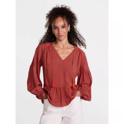 Scenario Women's and Women's Plus Gathered Yoke Blouse with Long Sleeves, Sizes XS-4X