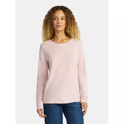 Time and Tru Women's Cotton Crewneck Tee with Long Sleeves, Sizes XS-XXXL