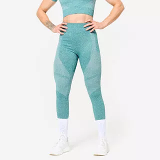 DOMYOS Leggings donna palestra 900 traspiranti vita alta con tasca verde scuro