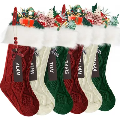 IZNEN 6-Pack Christmas Stockings, 18" Personalized Xmas Stockings, Large Knitted Stockings for Holiday Party Decor Burgundy, lvory, Green