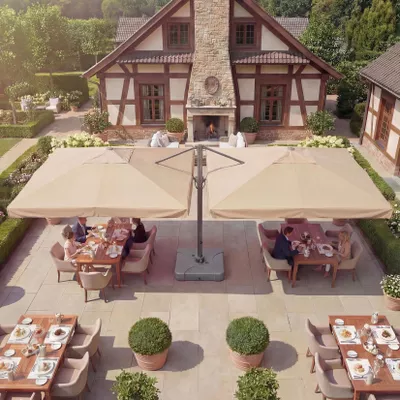 Gastronomie-Alu-Luxus-Doppel-Ampelschirm T44, Pergola-Markise-Effekt, 6,2x3m, creme + Ständer