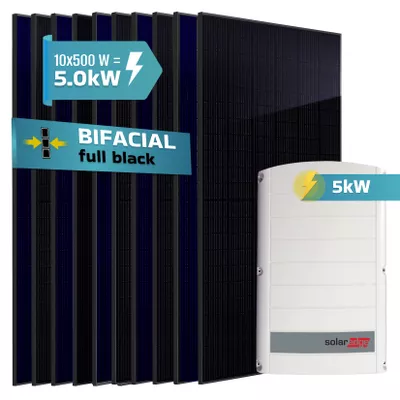 SUNNIVA® 5.0 kW Solaranlage, 10x 500 W Solarmodule Fullblack Bifacial, Wechselrichter SolarEdge SE5K (3-phasig)