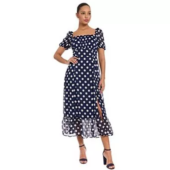 Women's London Times Puffed Sleeve Ruched Empire Smocked Back Midi Dress