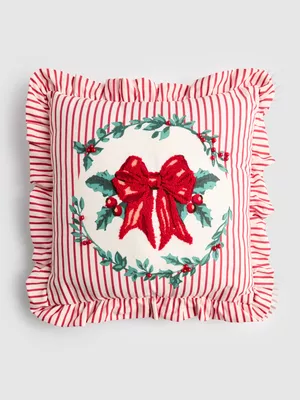 Cojín cuadrado con corona de acebo y lazo