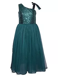 Girl's One-Shoulder Sequin Mesh Ballgown