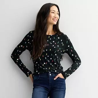 Women's Long Sleeve Holiday Print Crew Neck Top