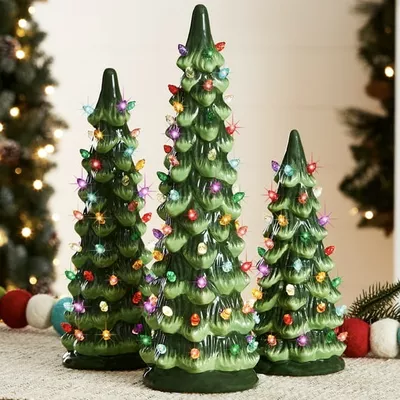 Best Choice Products Set of 3 Pre-Lit Hand-Painted Ceramic Tabletop Christmas Trees w/ Multicolor Lights - Green
