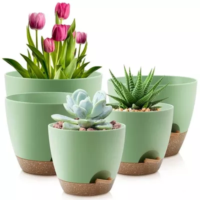FOUKUS Set of 5 Self-Watering Plant Pots with Drainage – Eco-Friendly Plastic Planters for Indoor & Outdoor Use – Pots for Succulents, Cactus, Snake Plants (7", 6.5", 6", 5.5", 5") – Green