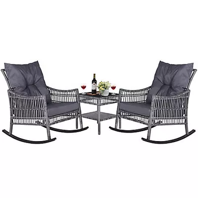 Veikous 3 pc. Outdoor Rocking Chairs Wicker Rattan Bistro Set with Cushions and Table