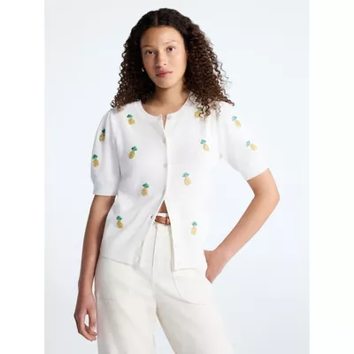 Free Assembly Women's and Women's Plus Beaded Cardigan Sweater with Short Puff Sleeves, Lightweight, Sizes XS-4X