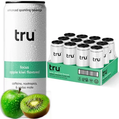 Tru Focus Seltzer, Sparkling Water, Green Tea Extract, Yerba Mate, Apple Kiwi Juice, Sugar-Free, 12 Pack
