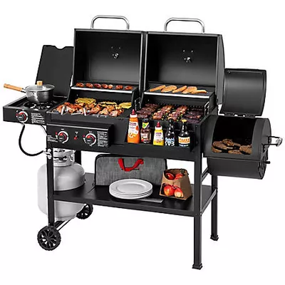 New!  Royal Gourmet 2-Burner Propane Gas and Charcoal Combination Grill with Offset Smoker, Black, With Side Burner