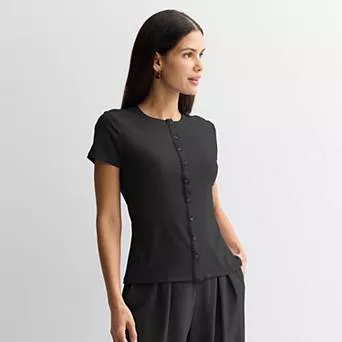Women's Nine West Ribbed Short Sleeve Button Down Top