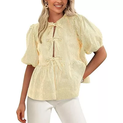 PRETTYGARDEN Women's Summer Tie Front Striped Shirt 2025 Trendy Cute Babydoll Tops Fashion Peplum Puffy Sleeve Blouse