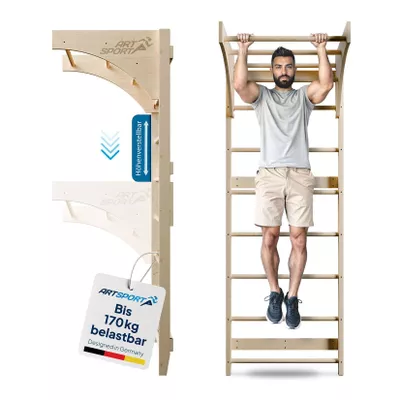 ArtSport Sprossenwand für Erwachsene - Indoor Klettergerüst aus Holz mit Klimmzugstange - Natur
