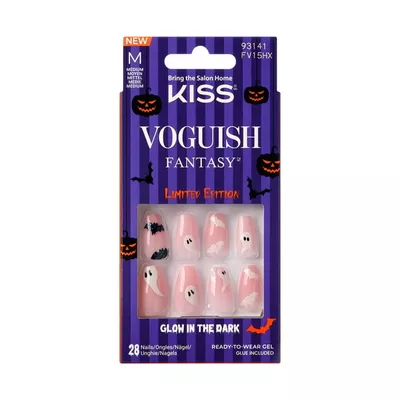 KISS Voguish Fantasy Glow in the Dark, Press On Nails, Lion Tamers, Pink, Medium Coffin, 28 Count