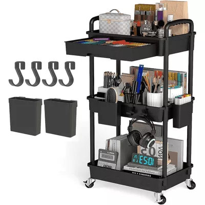 LLMRR 3 Tier Rolling Utility Cart with Drawer, Cart with Drawer & Handle, Bathroom Cart Organizer, Rolling Storage Cart with Drawer, Rolling Cart with Lockable Wheels for Kitchen, Office, Black