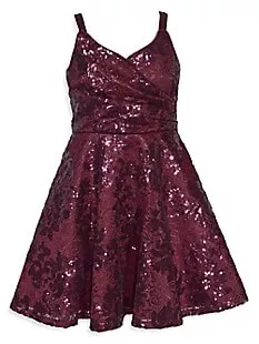 Girl's Strappy Crossover Foral Lace Sequin Party Dress