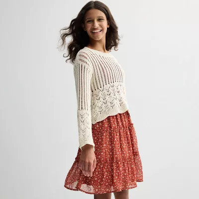 Girls 7-16 Mini Society Crochet Pop Over Sweater & Woven Dress Set