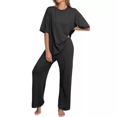 MINTREUS Lounge Sets for Women Knit Short Sleeve Tops and Long Pants Soft Comfy Pajamas Set Oversized 2 Piece Outfits S-4X
