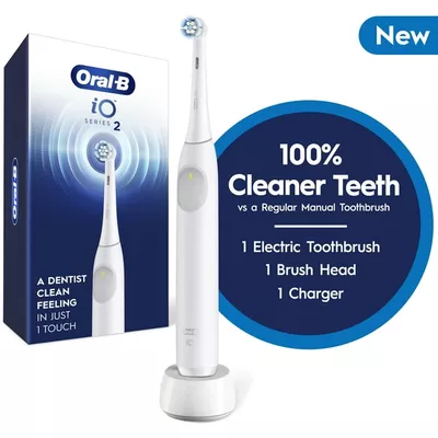 Oral-B iO Series 2 Rechargeable Electric Toothbrush, White with 1 Gentle Brush Head - Pressure Sensor  3 Modes  2 Min Timer