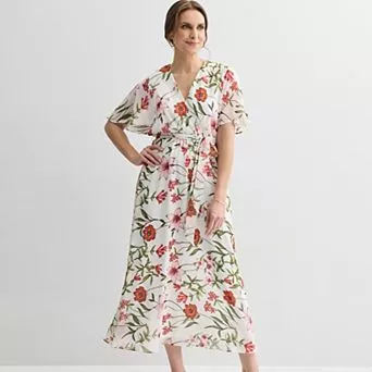Women's Sandra Darren Wrap Raglan Short Sleeve Midi Dress