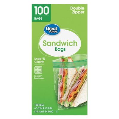 Great Value Double Zipper Sandwich Bags - 100 Count, Fresh Seal for Snacks and Sandwiches