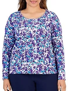 Plus Petal-Print Long-Sleeve Scoopneck Top