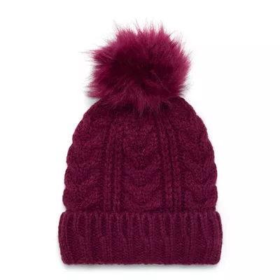 Time and Tru Women's Cable Pom Cuff Beanie, One Size Fits Most, Wine