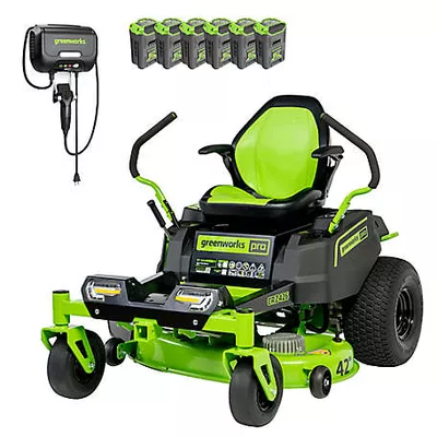 New!  Greenworks 60 V 42 in. Electric CrossoverZ Zero Turn Mower with (6) 8 ah batteries and 600 W wall charger