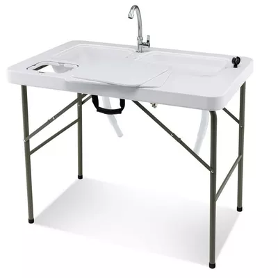 Costway Folding Fish Cleaning Table with 2 Built-in Sinks & 360°Rotatable Faucet