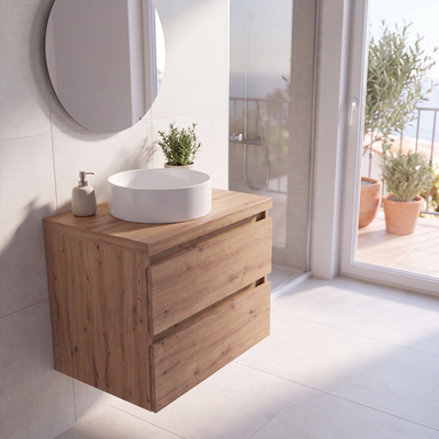 PACK MUEBLE DE BAÑO CON LAVABO SOBREPONER Y ESPEJO 60CM MIEL ATLANTIS