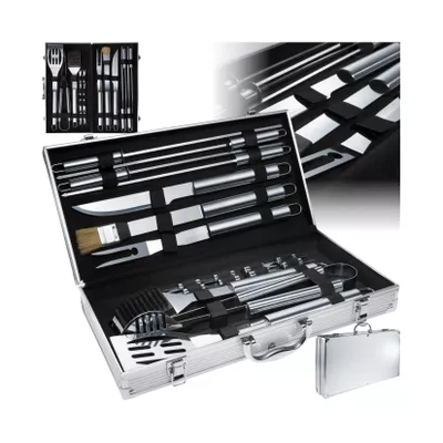 tectake® Grillbesteck mit Aluminiumkoffer, aus Edelstahl, Innenverkleidung aus Samt, lange Griffe