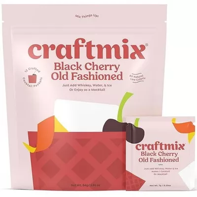 Craftmix Black Cherry Old Fashioned Mix, Makes 12 Drinks, Bourbon and Whiskey Cocktail Mixer, Instant Skinny Cocktail and Mocktail Mix - With Real Fruit - Vegan Low Carb, Low Sugar, Non-GMO