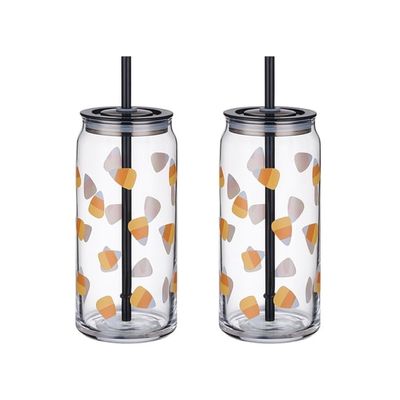 Way to Celebrate Halloween Candy Corn Glass Can Sipper Tumblers, 20 oz, 2-Pack
