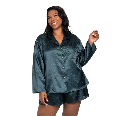 Plus Size Lilac+London Satin Button-Down Pajama Top & Pajama Shorts Set