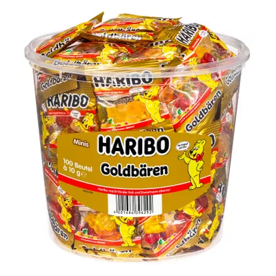 Haribo Goldbären Fruchtgummi Minis 100 Stück im Eimer 1 kg - Inhalt: 2 Flaschen
