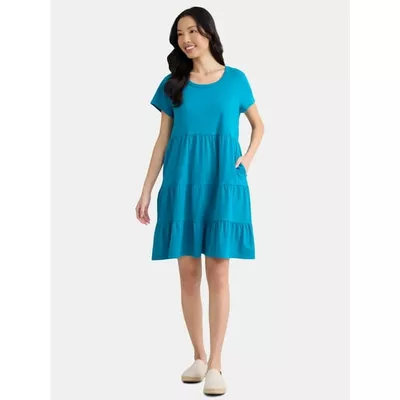 Time and Tru Women's and Women's Plus Tiered Cotton Mini Dress, Sizes XS-4X