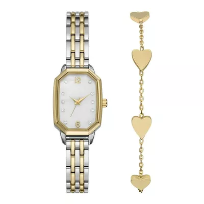 Folio Women’s 2PC Watch & Bracelet Set with 22mm Octagonal Case, Two-Tone Design