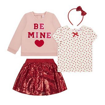 Girls 4-6x Little Lass 4 pc Heart Print Skirt, Long Sleeve Top, & Headband Set