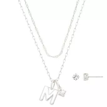 Isla & Alex Fine Silver Plated Cubic Zirconia Initial Pendant Necklace & Earrings Set