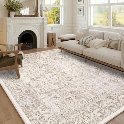 BERTHMEER 9'x12' Large Area Rugs Washable Vintage Rugs for Living Room Farmhouse Dining Room Office Throw Rugs Non-slip, Brown