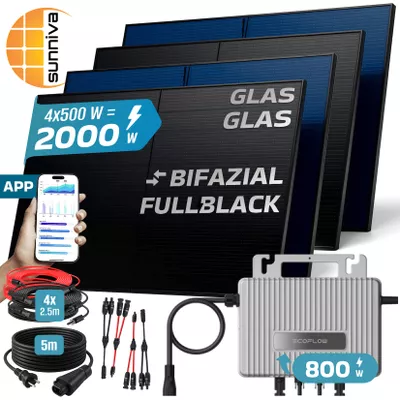 SUNNIVA® 2000W Balkonkraftwerk BIFAZIAL FULLBLACK komplett Steckdose ECOFLOW 800 Watt Wechselrichter, PV Solaranlage Komplettset, 4x 500W N-Type Glas-Glas Bifacial Solarmodule, 5m Kabel & 4x 2.5m Solarkabel