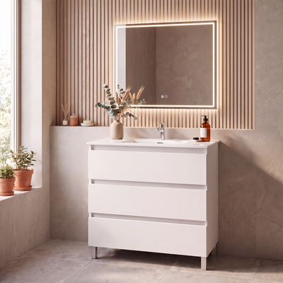 PACK MUEBLE DE BAÑO CON ENCIMERA Y ESPEJO 100CM BLANCO ATLANTIS