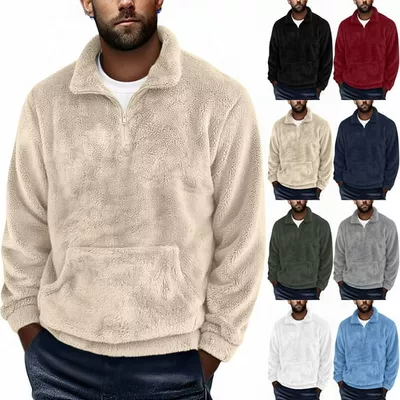 LWITHSZG 1/4 Zip Pullover Mens Fuzzy Sherpa Fleece Sweatshirt Lightweight Long Sleeve Tops Fall Winter Warm Outerwear with Kangaroo Pocket