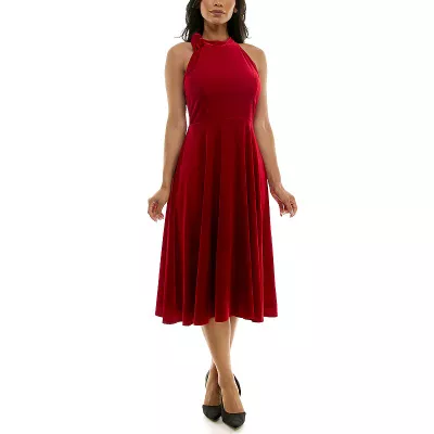 Women's Maison Tara Velvet Bow Halter Neck Fit & Flare Midi Dress