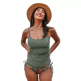 Women's Cupshe 2 pc Ruched Tie Tankini Swim Top & Bikini Swim Bottoms Set