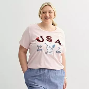 Plus Size Peanuts Snoopy USA Free Brave Sequin Graphic Tee