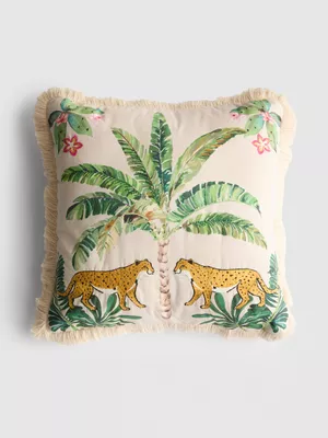 Cojín cuadrado con flecos y escena tropical